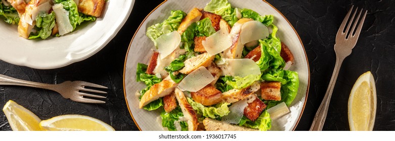 Chicken Caesar Salad Overhead Flat Lay Panorama