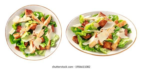 Chicken Caesar Salad, Overhead Shot And Angle, Isolated On A White Background