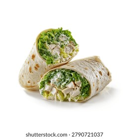 Chicken Caesar Wrap Cut in Half Isolated on White Background