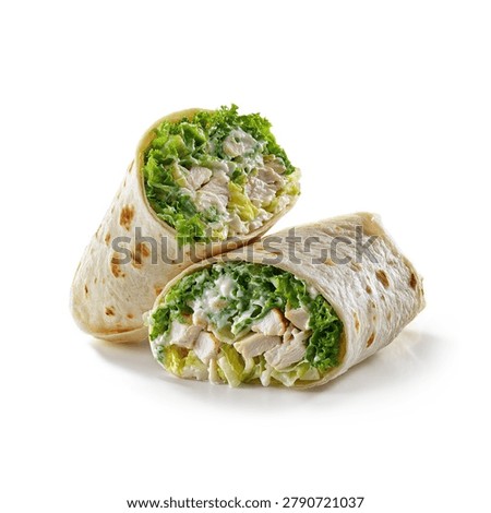 Chicken Caesar Wrap Cut in Half Isolated on White Background