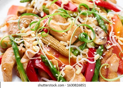 Chicken Chop Suey In White Plate. Chop Suey Is American Chinese Cuisine Dish With Different Stir Fried Vegetables, Chicken Meat And Sauces. Close Up