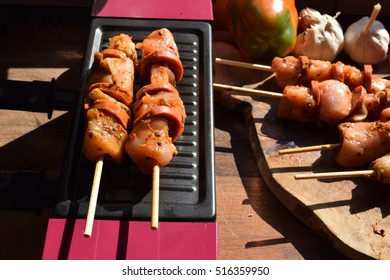 Chicken And Chorizo Kebab On The Grill