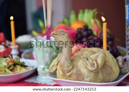 Chicken and components on Chinese new year for sacrificial offering Chinese culture.
