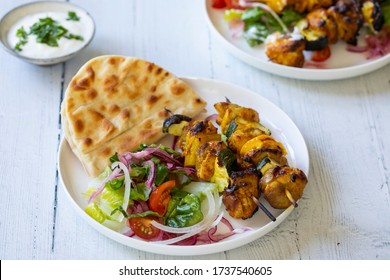 Chicken And Courgette Spicy Tandori Skewers With Salad And Flat Bread