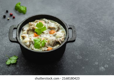 Chicken Creamy Stew In Cast Iron Pot. Top View, Copy Space.