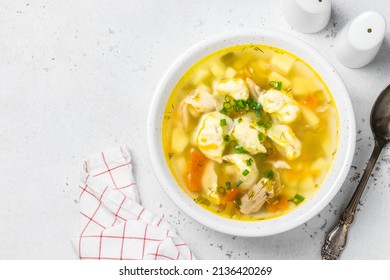 Chicken Crock Pot  Soup With Dumplings. Top View, Copy Space.