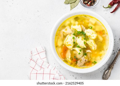 Chicken Crock Pot  Soup With Dumplings. Top View, Copy Space.