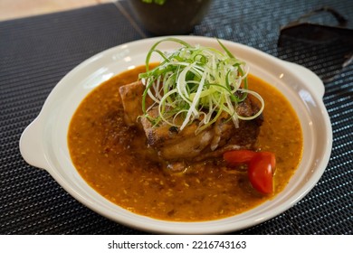 Chicken Curry With Tomato In Dish,
Thai Traditional Food, Fine Dinning Food, Close Up Shot.