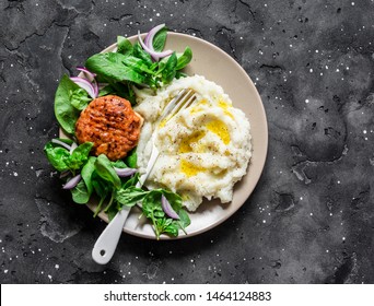 Chicken Cutlet With Cauliflower Puree And Fresh Spinach On Dark Background, Top View