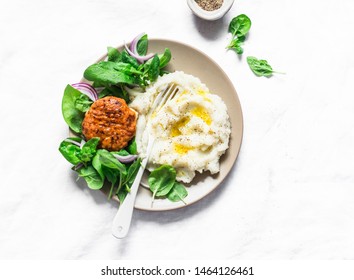 Chicken Cutlet With Cauliflower Puree And Fresh Spinach On Light Background, Top View      