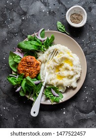 Chicken Cutlet With Cauliflower Puree And Fresh Spinach On Dark Background, Top View