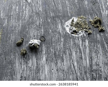 chicken droppings on a nailed board