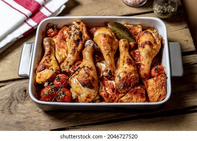 Chicken Drumstick And Cabbage Steaks Roasted In Tomato Sauce Freshly Served On Rustic Wooden Table, Easy Family Dinner Recipe Idea