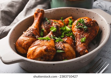 Chicken drumsticks with sesame seeds and rice, Asian cooked chicken close up. High quality photo - Powered by Shutterstock