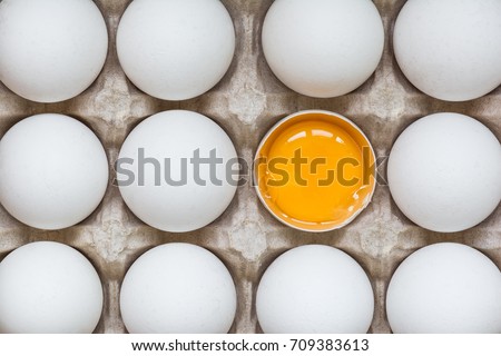Chicken egg is half broken among other eggs