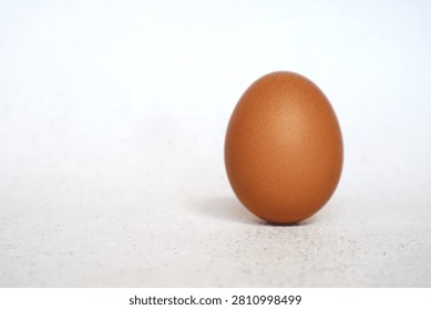 A chicken egg is positioned upright and placed against a white background.