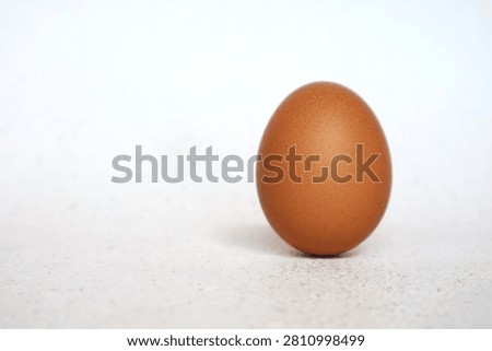 A chicken egg is positioned upright and placed against a white background.