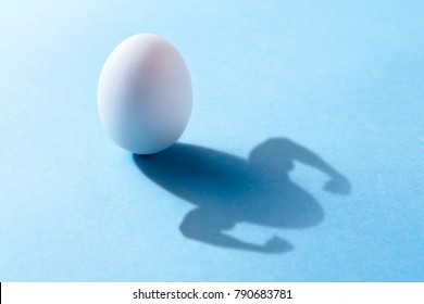 Chicken Egg Is Rich In Natural Protein For Muscle Growth. The Egg Casts A Shadow With The Hands Of The Bodybuilder With The Bicep. Blue Background