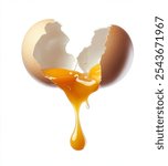 Chicken egg shell cracked in half,  egg yolk and white dropping out