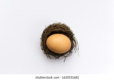 A Chicken Egg In A Small Nest. A Concept Of Too Big To Fit.