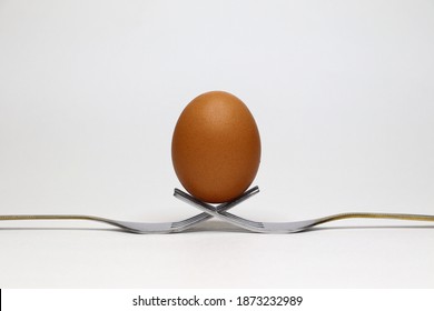 A Chicken Egg Stands On Two Forks