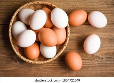 Chicken eggs and duck eggs collect from farm products natural in a basket healthy eating concept, Fresh egg