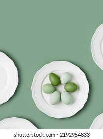 Chicken Eggs With Green Colored Eggshells On White Plate. Minimal Pattern With Eggs And Empty Plate On Lime Green Color Background. Easter Food Concept Monochrome Gradient Aesthetic Trend, Copyspace