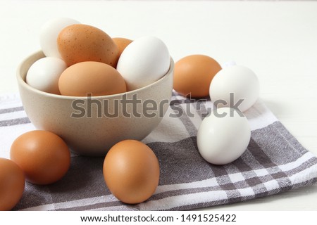 chicken eggs on the table. Farm products, natural eggs.
