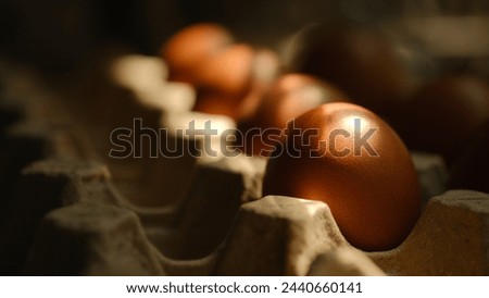 Chicken eggs placed in a stall and hits the sunlight in the kitchen.