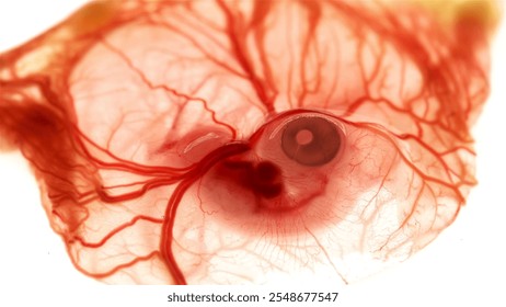 Chicken embryo under a microscope, on the fifth day of development. Visible blood vessels