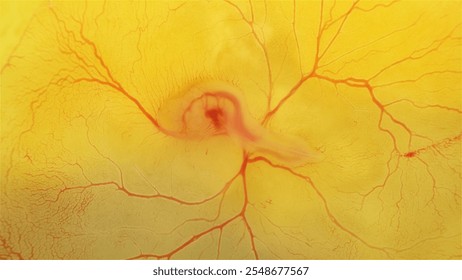 Chicken embryo under a microscope, on the second day of development. Visible blood vessels.