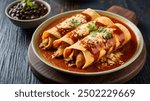 Chicken enchiladas with black beans. Mexican food dish. Top view table scene on a dark wood background.
