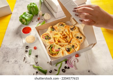 Chicken Fajita Stuffed Bread Naan With Potato Chips Fries With Women's Hand Opening A Delivery Box.