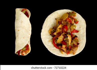 Chicken Fajitas - Open And Wrapped Isolated On Black Background