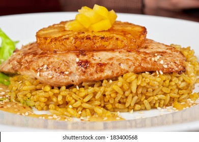 Chicken Fillet Baked With Pineapple, With Rice And Salad