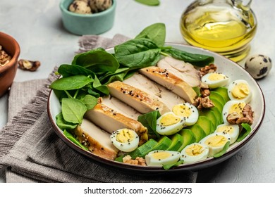 Chicken Fillet With Salad. Buddha Bowl On A Dark Background. Healthy Food, Keto Diet, Healthy Fats, Clean Eating For Weight Loss, Banner, Menu, Recipe Place For Text, Top View.