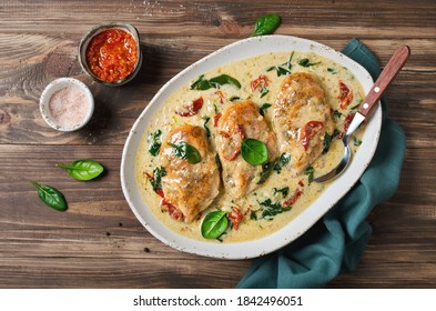 Chicken fillet with spinach and sun-dried tomatoes in coconut milk. Healthy food