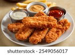 Chicken Fingers: Breaded and fried chicken strips, typically served with dipping sauces like ranch or honey mustard.