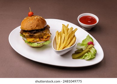 Chicken Fish Beef Vegetarian Burger with Lettuce Salad Dressing And Ketchup Served with Crisp Fried Potato Chips French Fries on a White Plate over a Brown Background - Powered by Shutterstock