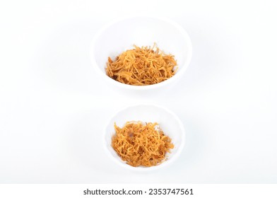 Chicken floss in 2 bowl fromtop view with white background