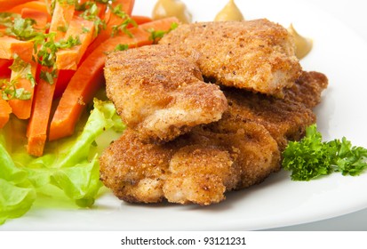 Chicken Fried In Breadcrumbs With Vegetables