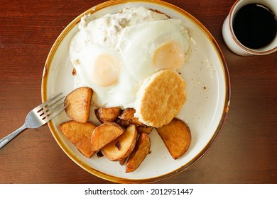 Chicken Fried Steak With Gravy, Fried Eggs And Biscuits