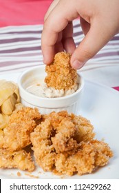 chicken and fries with spinach ranch dip