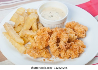 chicken and fries with spinach ranch dip