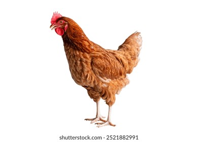 Chicken, Full body of brown chicken hen standing isolated white background with clipping path, Laying hens farmers concept.