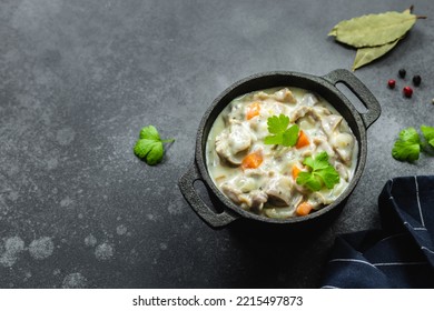 Chicken Gizzard Stew, Giblets, Offal In Cast Iron Pot. Top View, Copy Space.