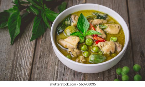 Chicken Green Curry with Ingredients, Thai Cuisine Tradition and Famous on Wooden