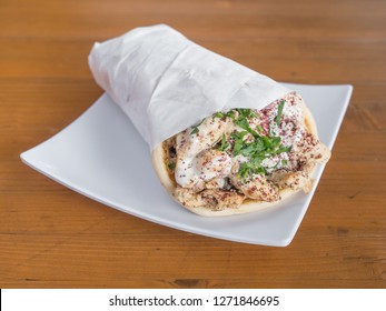 Chicken Gyro Served From A Mediterranean Food Cart In Portland, Oregon.