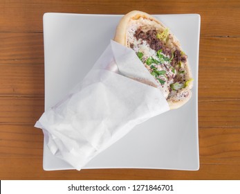 Chicken Gyro Served From A Mediterranean Food Cart In Portland, Oregon.