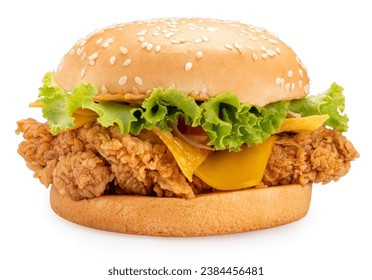 Chicken Hamburger with cheese, tomato, onion, lettuce on white background, FriedChicken Hamburger isolate on white With clippingpath.